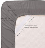 Close up of built-in corner elastic straps on gray sheet