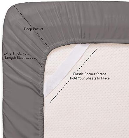 Close up of built-in corner elastic straps on gray sheet