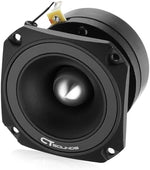 The complete pair of six hundred watt car audio tweeters displayed with included mounting screws.