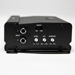 MB Quart mono marine amplifier displaying the protective status indicator lights and dual speaker terminals.