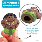 Toddler playing with Maui and Moana finger puppets during interactive game
