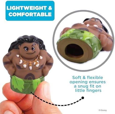 Toddler playing with Maui and Moana finger puppets during interactive game