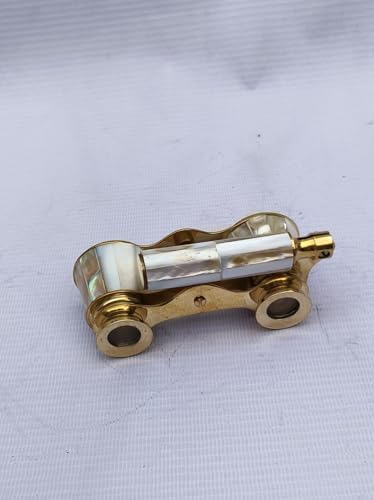 Side perspective of the antique style brass theater binoculars with the customizable folding handle extended.