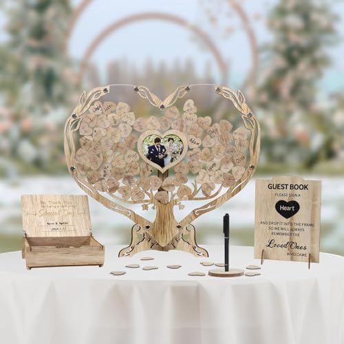 Rustic wooden wedding guest book with heart drop box