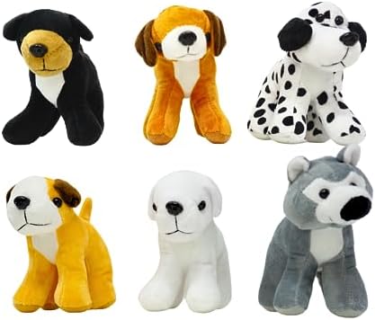 Assorted stuffed animal dogs arranged inside a standard birthday party goodie favor box