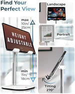 Side profile of the premium tablet holder stand demonstrating the two hundred seventy degree tilt capability and thick metal base.