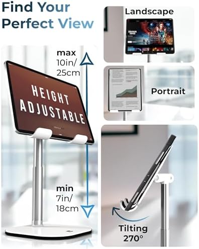 Side profile of the premium tablet holder stand demonstrating the two hundred seventy degree tilt capability and thick metal base.