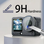 Two pack of 9H hardness tempered glass screen protectors for dual action camera screens.