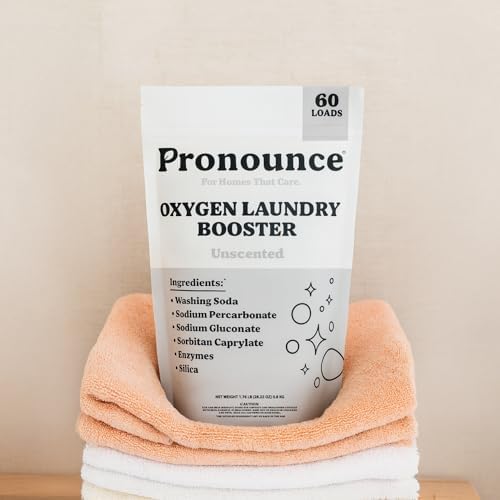 Eco friendly laundry room setup with Pronounce 60 loads oxygen booster bag.