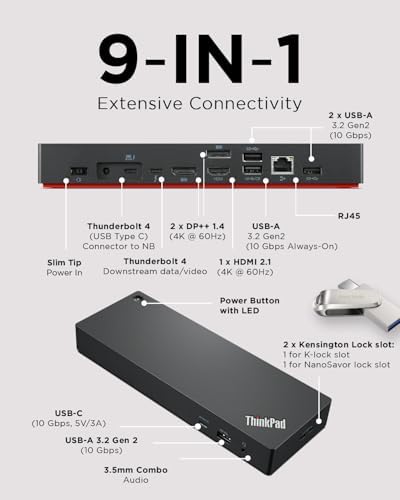 Lenovo premium black universal dock side profile highlighting slim design and USB ports