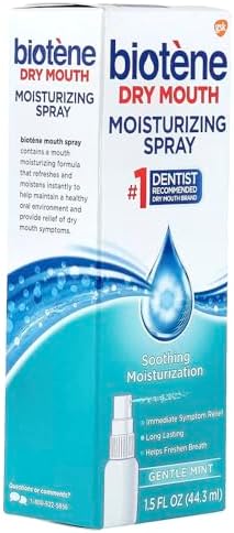 Biotene moisturizing spray label highlighting alcohol-free and sugar-free features.