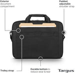 Targus slim computer bag displaying the front zippered accessory pocket and organizational slots.