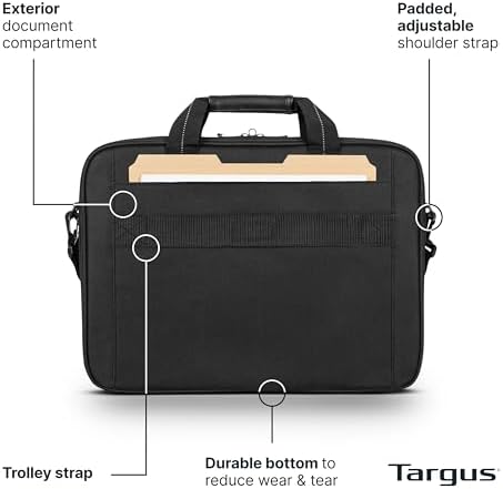 Targus slim computer bag displaying the front zippered accessory pocket and organizational slots.