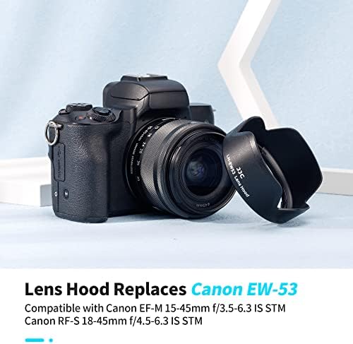 JJC camera lens hood mounted on Canon mirrorless camera