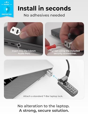 Multplx lock adapter installed on a premium slim laptop displaying an attached security cable