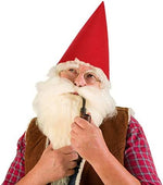 Model wearing a purple felt cone gnome party hat