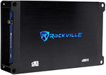 Rockville dB11 monoblock car audio amplifier showing the power, ground, and speaker terminal connections.