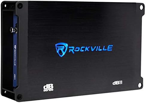 Rockville dB11 monoblock car audio amplifier showing the power, ground, and speaker terminal connections.