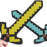 Child holding a pixelated inflatable toy sword for role play