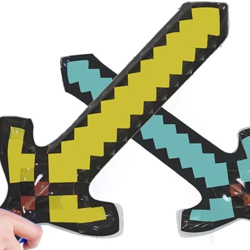 Child holding a pixelated inflatable toy sword for role play