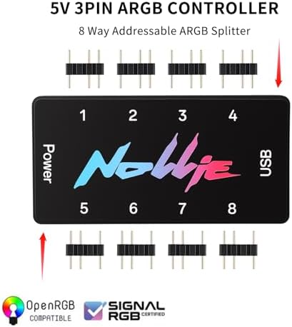 Iesooy Nollie 8 addressable RGB splitter hub side angle highlighting the dual SATA power connection ports and compact black housing