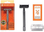 Van Der Hagen 110mm chrome plated traditional safety razor displayed upright alongside its premium stainless steel replacement blades.