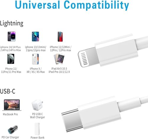 RCTech USB Type C to Lightning data syncing cord showing full six foot length.