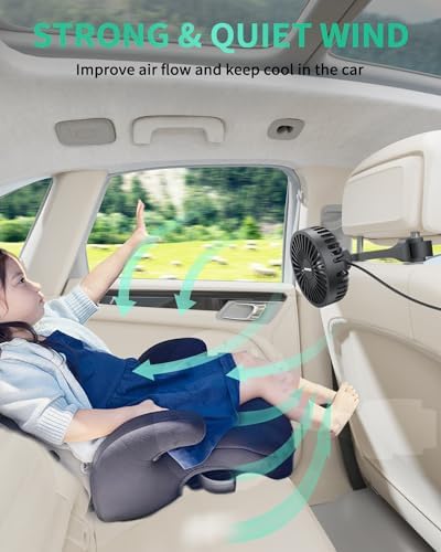 TriPole backseat cooling fan with adjustable clip showing three speeds button