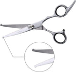 Chi-Buy curved pet shears for cats and dogs close up of 4CR stainless steel blades.