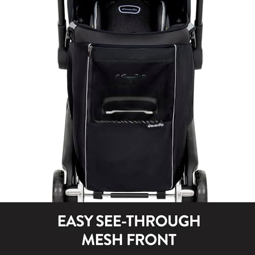 Evenflo Shyft DualRide Carryall Storage Bag installed on the stroller frame demonstrating seamless integration and compact fit.