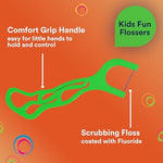DenTek kids oral hygiene flossers pack displayed open to show the ninety individual green picks