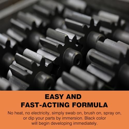 Close up view of the black oxide chemical conversion process on mild steel components