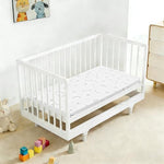Close up view of the waterproof removable cover on the baby toddler mattress topper