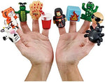 Close up of individual vinyl plague puppets on children's fingers during interactive storytelling