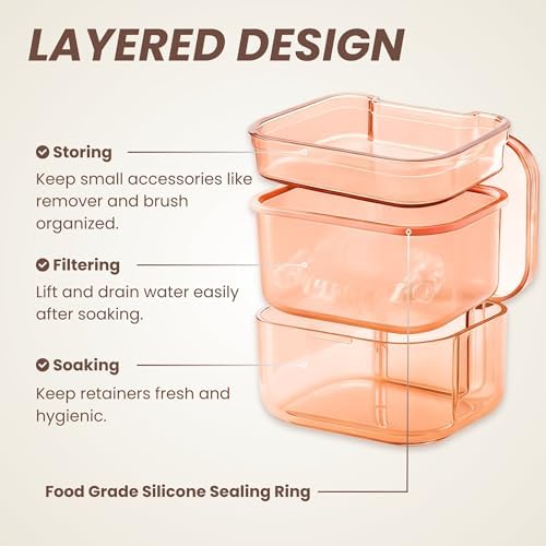 Retainer Case, Retainer Cleaning Case, Denture Bath Cup with Strainer Basket, Double-Layer Soaking Container for Retainers, Partial Dentures, Mouth Guard & Night Guard (Orange) - Image 5