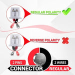 Close up view of the two wire regular polarity connector on LeFix battery