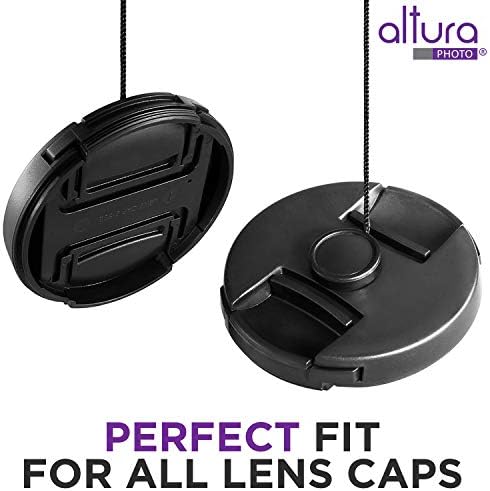 Sleek black camera lens cap tether leash attached to a DSLR camera lens barrel setup