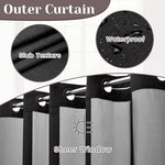 SORTTO black fabric hookless shower curtain showing the see through mesh top window.