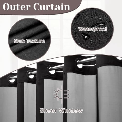 SORTTO black fabric hookless shower curtain showing the see through mesh top window.