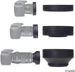 Close up of 58mm rubber lens hood folding mechanism