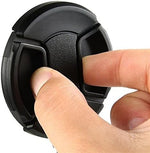 Five pieces pack of black sixty-two millimeter camera lens covers showing center pinch mechanism