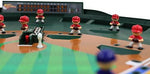 Close up of Game Zone tabletop baseball pitch and bat mechanism
