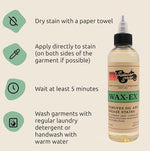 WAXEX fabric spotter removing motor oil and cooking grease from clothing