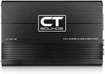 CT Sounds 1000 Watts RMS Class D car amplifier side panel showing RCA inputs and crossover tuning controls.