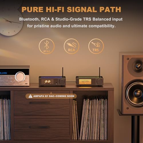 Ampapa 300W stereo amplifier being operated with its infrared wireless remote control for seamless home theater adjustment.