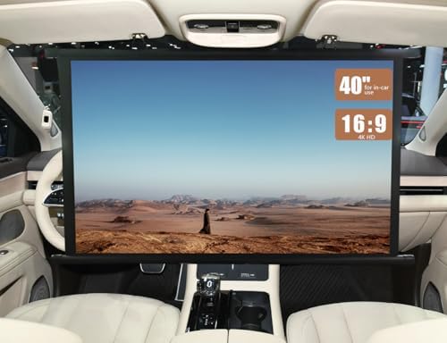 FEIJAZUM portable forty inch retractable display showing the manual pull down mechanism and compact metal casing