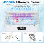 Ultrasonic dentures cleaner machine showing the 4 built-in UV-C lights activating during a cycle.