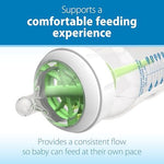 Side angle view of the contoured silicone nipple demonstrating the flexible anti colic design.