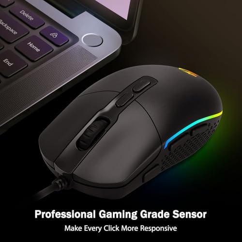 Underneath view of the Redragon M719 wired computer mouse showing high precision optical tracking sensor and smooth gliders.