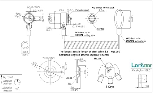LORADAR retractable laptop lock showing the three unique keys featuring traceable identification numbers.